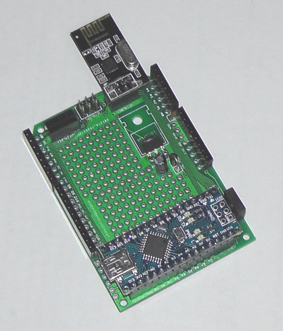 Nano 3 board w/ shield breakout, proto, nRF24L01+ from pico on Tindie