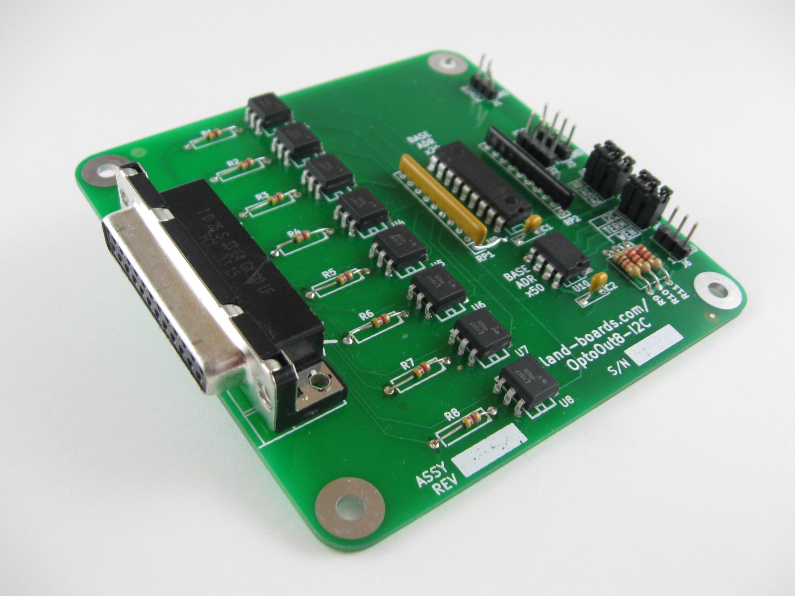 Eight optoisolated output card (OptoOut8I2C) from land_boards on Tindie